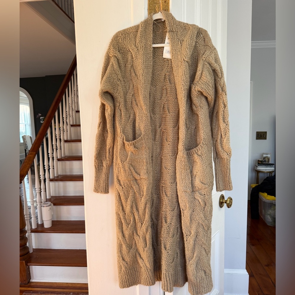 Zara Long Cable Knit Open Cardigan Sweater - Tan